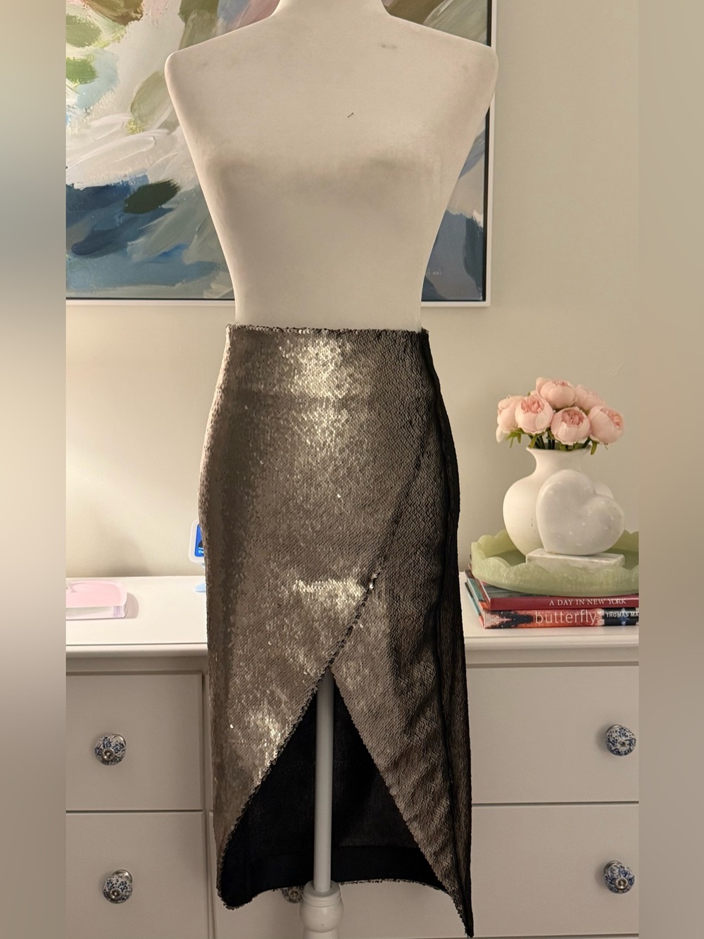 Zéta Asymmetrical Sequin Wrap Midi Skirt in Metallic